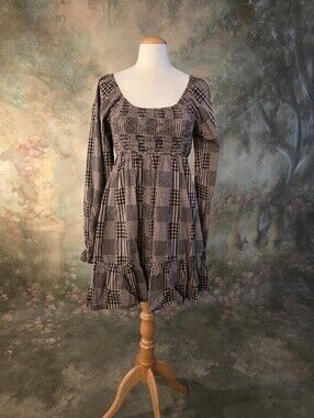 &merci Corrin Patchwork Mini Dress Smocked Bodice Square Neckline  S